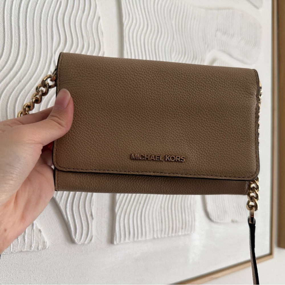 Michael Kors Brown Pebbled Leather Chain Crossbody Wallet